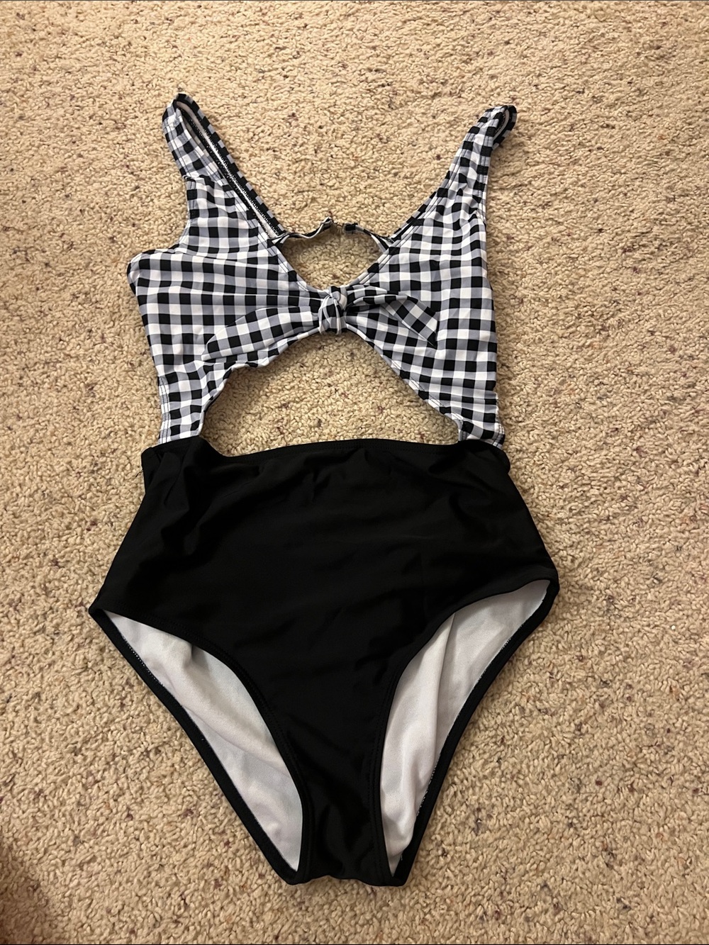 Black & White Gingham Cutout Kids One-Piece Swimsuit